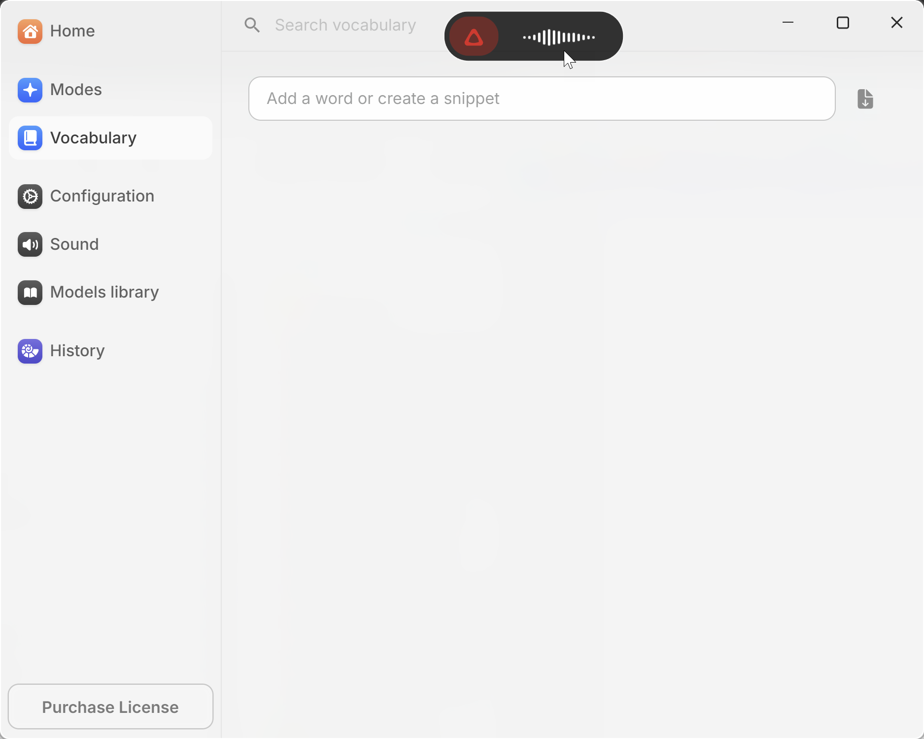 Recording overlay pill with Vocabulary screen open