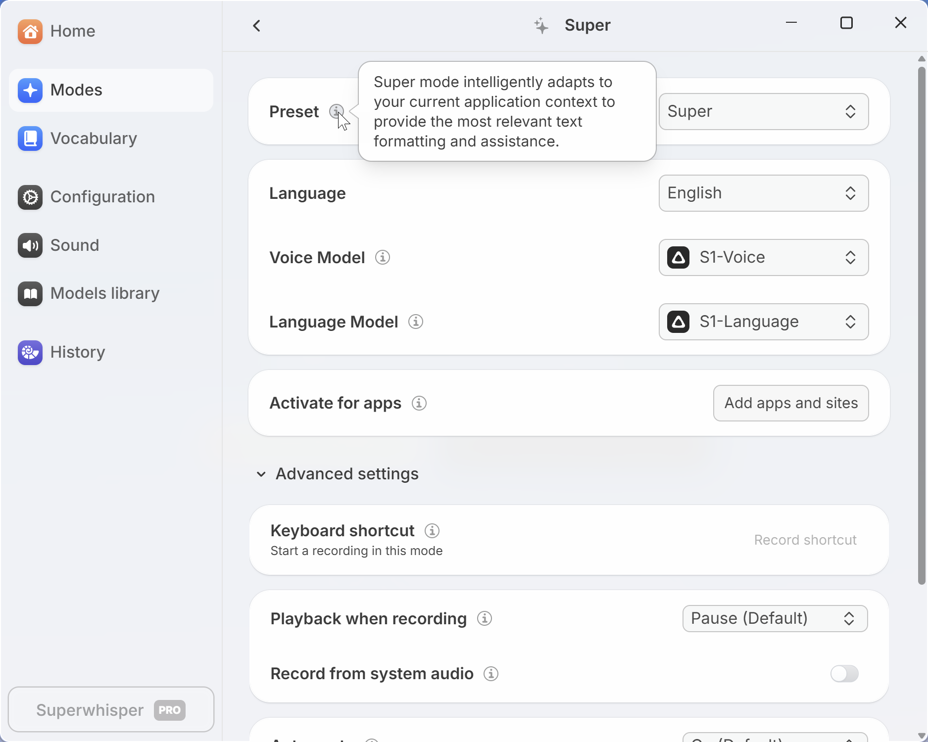 Super mode — context-aware AI rewriting per app
