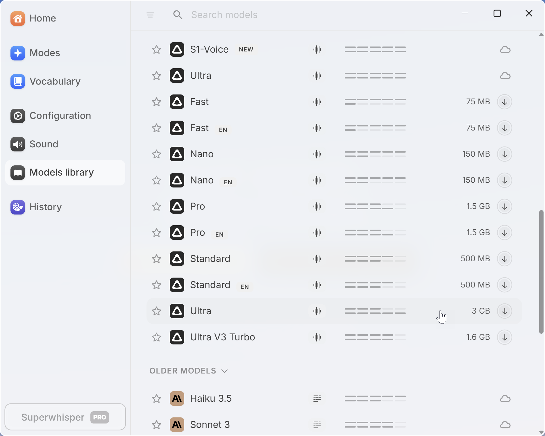Whisper model list — Standard (hidden by default) is the accuracy winner
